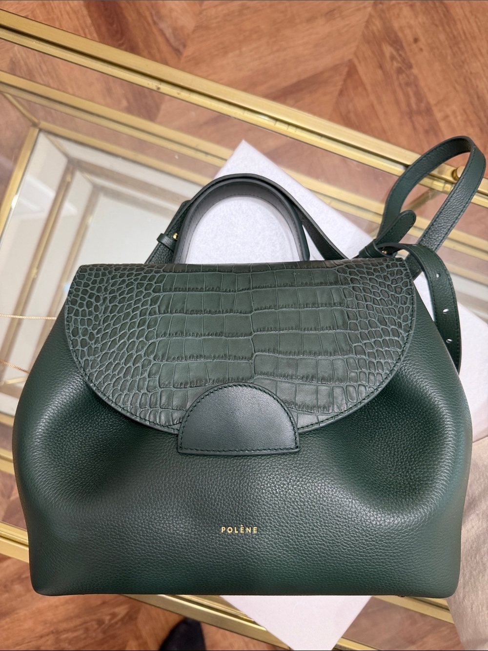 Polène Uno Forest Green Croc-Embossed Flap Leather Satchel